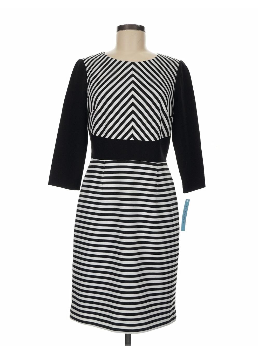 NWT Antonio Melani Black & White Striped Dress Chevron 3/4 Sleeve Midi Sz. 8